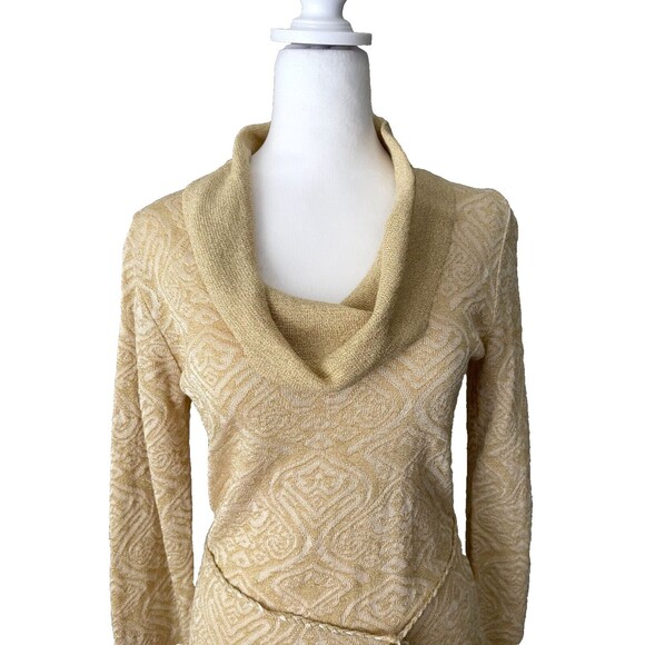 Vintage Y2K Gold Metallic Knit Top S Jacquard Cowl Neck Tie Belt 70s 90s Elegant - Picture 2 of 15